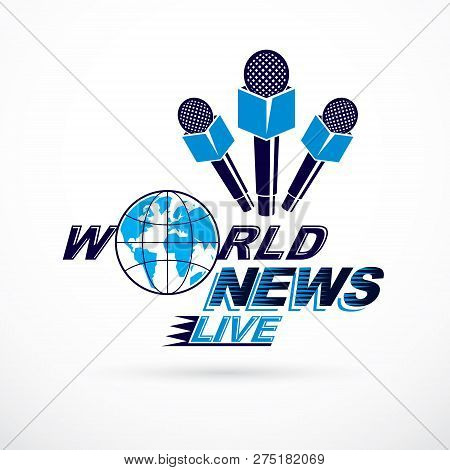 News And Facts Reporting Vector Logo Composed Using World News Inscription And Journalistic Micropho