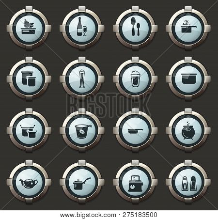 Food And Kitchen Vector Icons In The Stylish Round Buttons For Mobile Applications And Web
