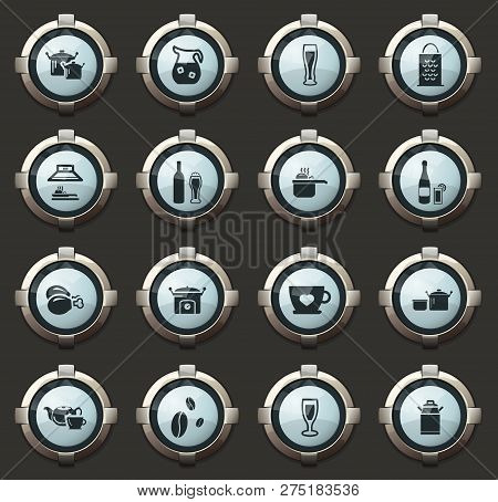 Food And Kitchen Vector Icons In The Stylish Round Buttons For Mobile Applications And Web