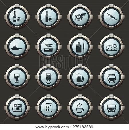 Food And Kitchen Vector Icons In The Stylish Round Buttons For Mobile Applications And Web