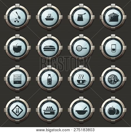 Food And Kitchen Vector Icons In The Stylish Round Buttons For Mobile Applications And Web