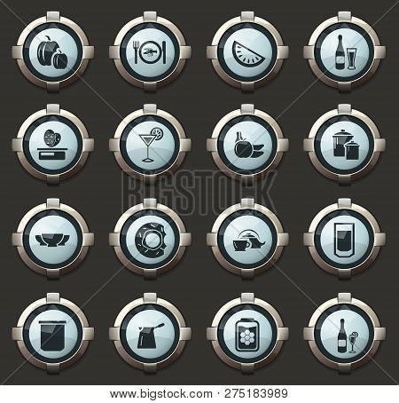 Food And Kitchen Vector Icons In The Stylish Round Buttons For Mobile Applications And Web