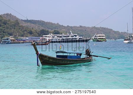 Boat For Small And Large Tourists Floating In The Sea Around Area Koh Pp, Krabi. Thailand.