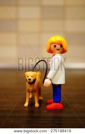 Poznan, Poland - December 22, 2018: Playmobil Toy Woman Walking Her Dog Out With A Line In Soft Focu