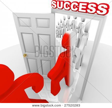 A line of people step through a doorway marked Success and are changed to a new color symbolizing that they have been transformed to achieve and accomplish their goals in life