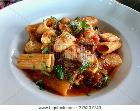 Rigatoni Pasta With Eggplant, Tomato Sauce, Mozarella, Parmesan Cheese And  Basil Leaves / Aubergine