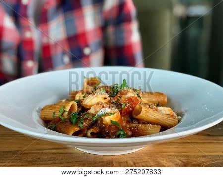 Rigatoni Pasta With Eggplant, Tomato Sauce, Mozarella, Parmesan Cheese And  Basil Leaves / Aubergine