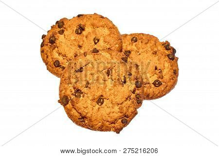 Three Sweet Cookies With Chocolate Pieces Isolated On White Background. Homemade Pastries.