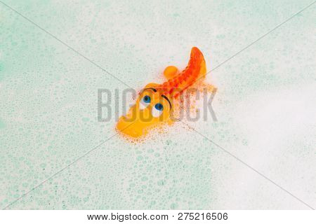 Orange Rubber Crocodile Toy Swims In A Bubble Bath