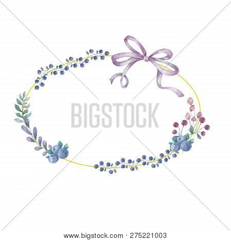 Watercolor Flowers And Leaves Wreath. Gold Frame Illustration. Ellipse And Bow Clip Art Branch For C