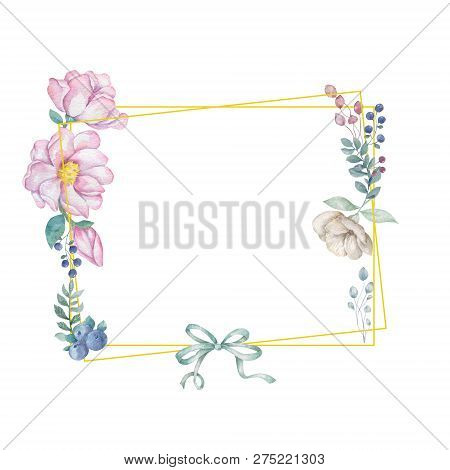 Watercolor Flowers And Leaves Wreath. Gold Frame Illustration. Square And Bow Clip Art Branch For Ce