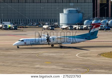Berlin, Germany, September 8, 2018: Bombardier Dash 8 Q400 By Luxair At Tegel Airport In Berlin.