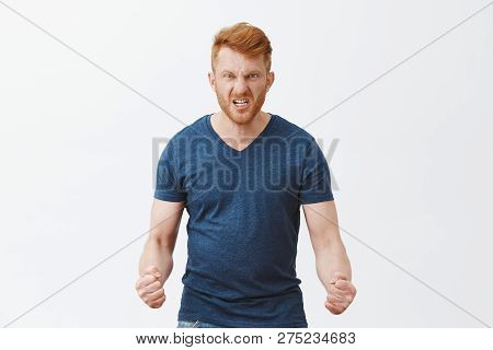 Guy Will Show How Anger Looks. Portrait Of Pissed And Angry Dangerous Redhead Guy With Outraged Expr