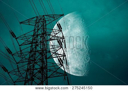 Half Moon Back Silhouette Power Electric Pole Night Heap Cloud On Sky