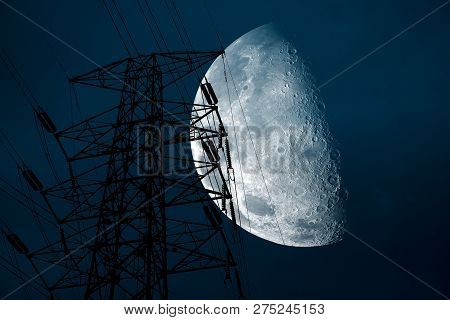 Half Moon Back Silhouette Power Electric Pole And Night Cloud On Sky