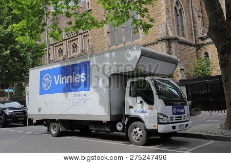 Melbourne Australia - December 4, 2018: Vinnies Charity Organisation Truck Collect Donated Items In 