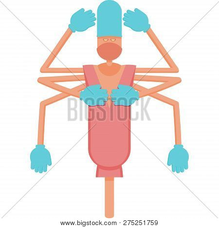Six-armed Gloomy Scarecrow In Blue Hat. Flat Design