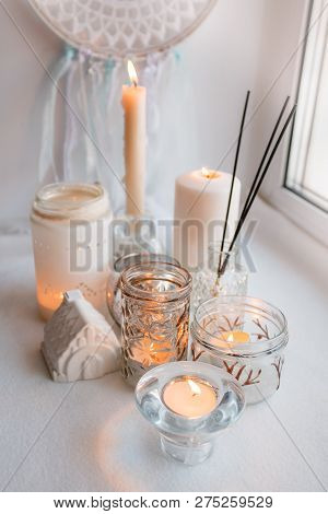 Shabby Chic Home Design. Beautiful Decoration Table With A Candles, Dreamcacher And Aroma Stick On T