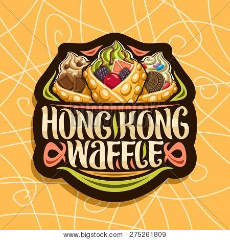 Vector Logo For Hong Kong Waffles, Black Decorative Tag With 3 Bubble Waffle Cones Stuffed Soft Serv