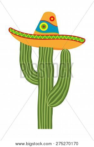 Colorful Cartoon Cactus In Sombrero Hat. Fiesta Carnival Mascot. Mexico Theme Vector Illustration Fo