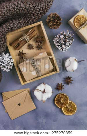 Gifts On A Concrete Background. Christmas Composition