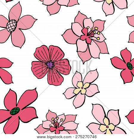 Seamless Pattern With Pink Flowers On White Background