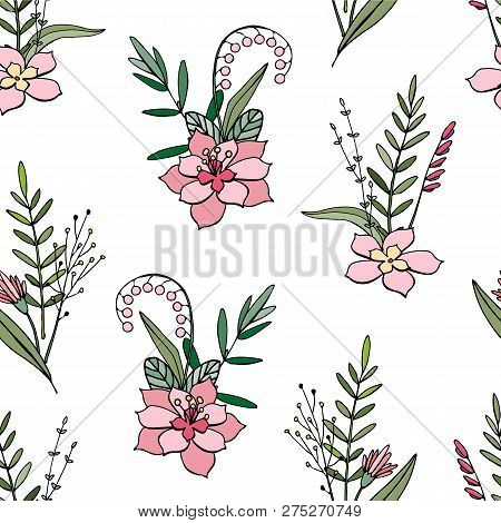 Seamless Pattern With Flowers And Herbs On White Background