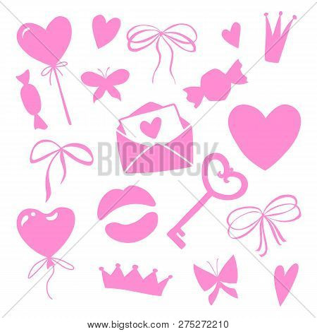 Valentines Day Set, Objects For Concept And Design, Vector Illustration Flat, Pink. Heart, Key, Bow,