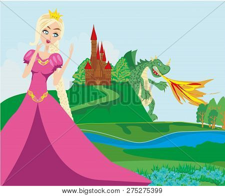 Prnicess And Dragon Attacks The Kingdom , Vector Illustration