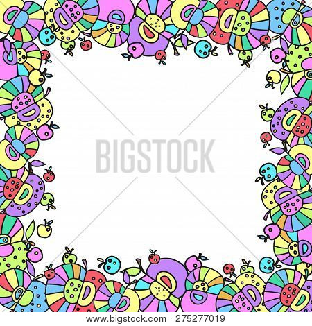 A Frame From A Funny Decor From A Group Of Multi-colored Apples. Vector Illustration, Free For Text.