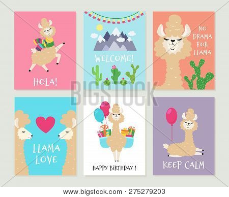 Llama Invitations. Cute Alpaca Birthday Greeting Card. Cartoon Funny Pink Lamas Girls Vector Backgro