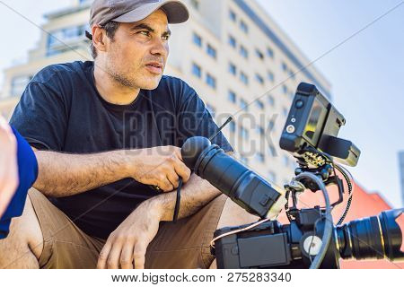 Shooting Process On Cinema Stage - Commercial Production Set, Exterior Location.profeccional Cameram