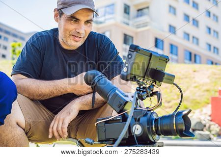 Shooting Process On Cinema Stage - Commercial Production Set, Exterior Location.profeccional Cameram