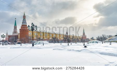 Moscow Kremlin And Manezhnaya Square In Winter, Russia. Panoramic View Of Central Moscow During Snow