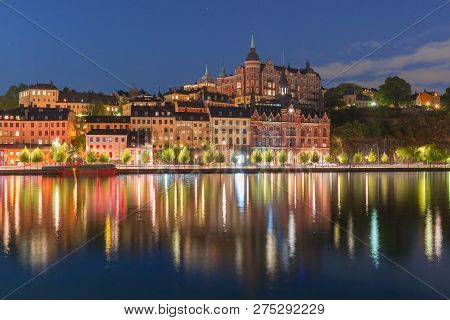 Sodermalm Waterfront In The Old Town At Night In Stockholm , Capital Of Sweden