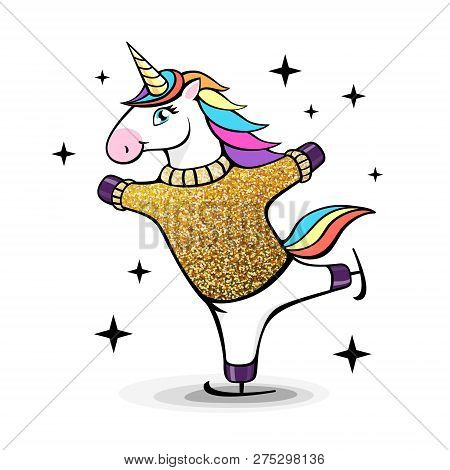 Vector Illustration Of Fantasy Skating Unicorn. Cartoon Style Design