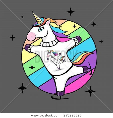 Vector Illustration Of Fantasy Skating Unicorn. Cartoon Style Design