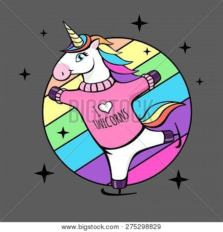 Vector Illustration Of Fantasy Skating Unicorn. Cartoon Style Design