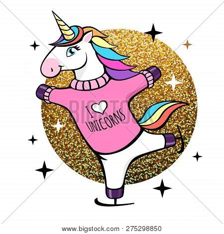 Vector Illustration Of Fantasy Skating Unicorn. Cartoon Style Design