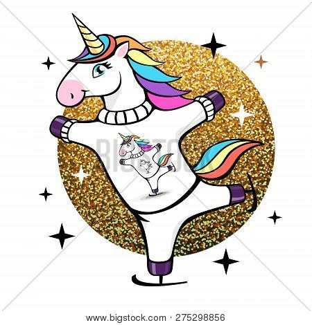 Vector Illustration Of Fantasy Skating Unicorn. Cartoon Style Design