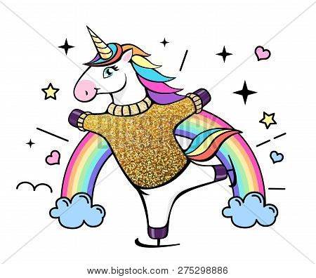 Vector Illustration Of Fantasy Skating Unicorn. Cartoon Style Design
