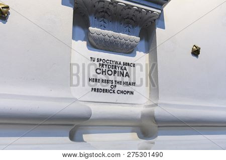 Warsaw, Poland, Europe, December 2018, Resting Place Of Chopins Heart In The Holy Cross Church