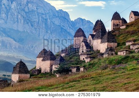 Medieval Monument In Dargavs Village North Ossetia, Russia. The Ancient Cemetery Of The Alans, From 