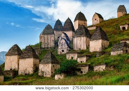 Medieval Monument In Dargavs Village North Ossetia, Russia. The Ancient Cemetery Of The Alans, From 