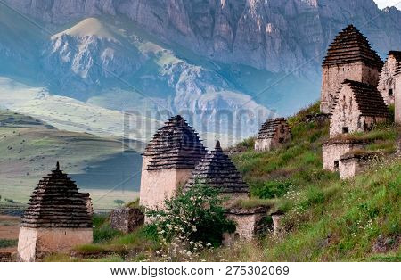 Medieval Monument In Dargavs Village North Ossetia, Russia. The Ancient Cemetery Of The Alans, From 