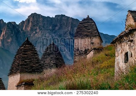 Medieval Monument In Dargavs Village North Ossetia, Russia. The Ancient Cemetery Of The Alans, From 