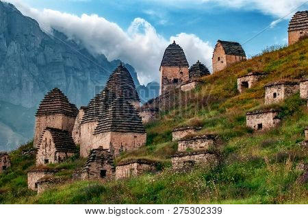Medieval Monument In Dargavs Village North Ossetia, Russia. The Ancient Cemetery Of The Alans, From 