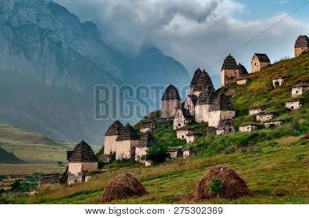 Medieval Monument In Dargavs Village North Ossetia, Russia. The Ancient Cemetery Of The Alans, From 