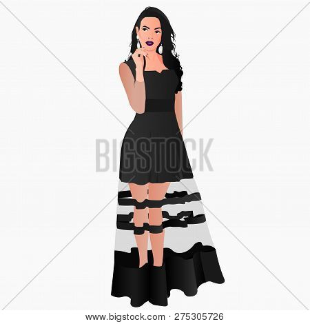 Woman In Cocktail Black Dress Fashion Vector Illustration Isolated On White Background.