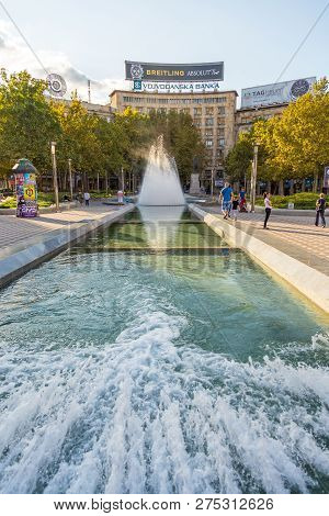 Belgrade, Serbia- 16 August 2014: Fountain At Nicole Pasica Square, House Of Trade Unions - Kombank 